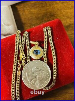 18K 750 Fine Real Gold 16 Long Blue Eyes Kids or Womens Set Necklace 3mm 4.2g