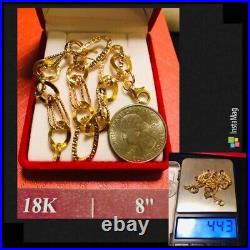 18K 750 Fine Real Saudi Gold 8 Long Womens Charm Bracelet With 10mm 4.43grams