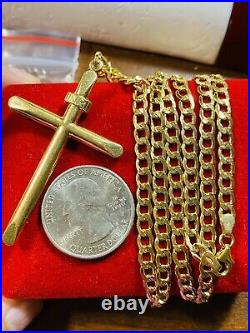 18K 750 Fine Saudi Gold 22 Long Mens Womens Cross Necklace With 10.3g 4mm Wide