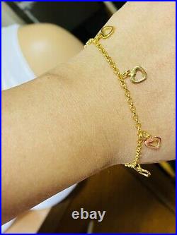 18K 750 Fine Saudi Gold 7.5 Long Womens Heart Charm Bracelet With 5.13g 2.5mm