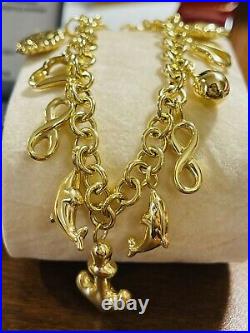 18K 750 Fine Saudi Gold 7 Long Womens Heart Charm Bracelet With 11.5g 5mm Wide