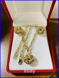 18K 750 Fine Yellow Real Gold 18 Womens Flower Necklace & Earring 2.5mm 6.8g