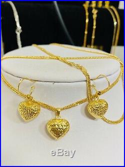 18K 750 Yellow Gold Heart Womens Necklace & Earring 20 Long 2mm USA Seller