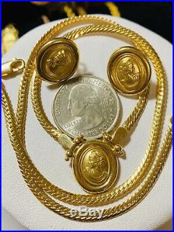 18K Fine 750 Saudi Gold 18 Cameo Set Necklace & Earring With 3.2mm USA Seller