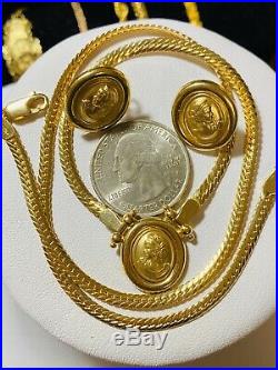 18K Fine 750 Saudi Gold 18 Cameo Set Necklace & Earring With 3.2mm USA Seller