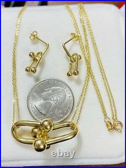 18K Fine Saudi Gold Womens Handmade Hardwear Necklace 17 & Earring 8.7g 2mm