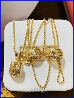 18K Fine Yellow Saudi Gold Set Necklace & Earring With 18 Long Chain USA Seller