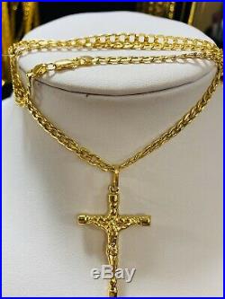 18K Fine Yellow Saudi Gold Womens Set Cross Necklace 18 Long USA Seller 4mm