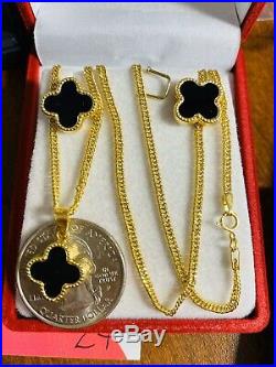 18K Saudi Gold Clover Necklace & Earring With 16 Long