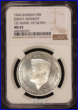 1964 Sharjah John F. Kennedy 1st Ann. 5 Rupees Silver Coin NGC MS 63 X# 1