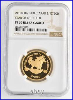 1980 United Arab Emirates 750 Dirhams. 900 Gold Coin NGC PF69 Ultra Cameo