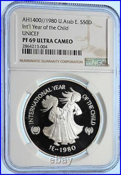 1980 United Arab Emirates YEAR OF THE CHILD Proof Silver 50 Dir Coin NGC i106395