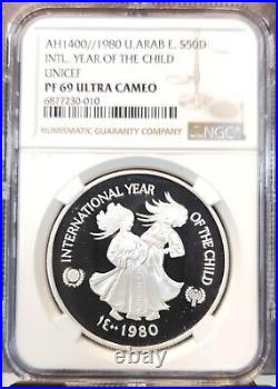 1980 United Arab Silver 50 Dirhams Year Of The Child Ngc Pf 69 Ultra Cameo Rare