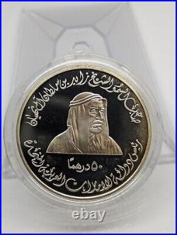 1996 United Arab Emirates UAE 50 Dirham Silver Coin 25th Anniversary Zayed COA