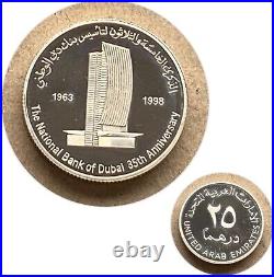 1998 United Arab Eimirates UAE 25 Dirhams Silver Coin 35 Anniversary Dubai Bank