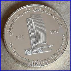 1998 United Arab Eimirates UAE 25 Dirhams Silver Coin 35 Anniversary Dubai Bank