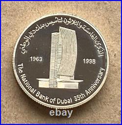 1998 United Arab Eimirates UAE 25 Dirhams Silver Coin 35 Anniversary Dubai Bank