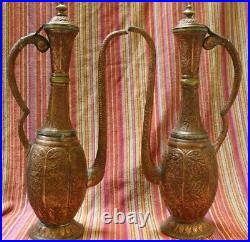 2 Vintage Large 22 Middle Eastern Carved Copper Tea Urns United Arab Emirates