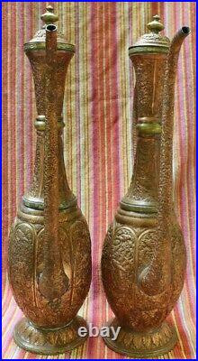 2 Vintage Large 22 Middle Eastern Carved Copper Tea Urns United Arab Emirates