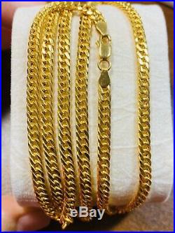 21K Fine Real Yellow Gold Cuban Mens Chain Necklace With 24 Long 4mm USA Seller