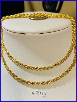 21K Saudi 875 Gold Fine Mens Rope Necklace With 22 Long Chain 3.2mm USA Seller