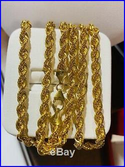 21K Saudi 875 Gold Fine Mens Rope Necklace With 24 Long Chain 4mm USA Seller