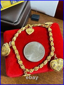 21K Saudi 875 Real Gold Fine Womens Heart Charm Bracelet Fits 6.5-7 4mm 11.5g