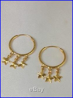 21k Solid Yellow Gold Hoop Earrings Diamond Cut Design Stars 875
