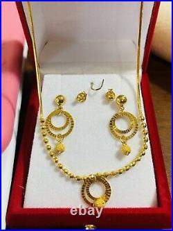 22K 916 Yellow Saudi Gold 16 Long Womens Balls Necklace & Earring 1.2mm 11.52g