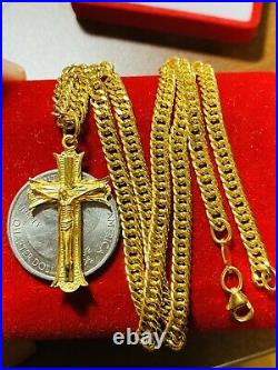 22K Fine 916 Yellow Gold Womens Cross Necklace With 20 Long 14.3g 4mm FastShip