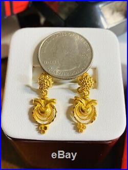 22K Fine Yellow Solid Saudi Gold Set Dangle Earring USA Seller