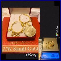 22K Saudi Gold 916 Womens Dangle Hoops Set Earring USA Seller 3.66g Fast-Ship