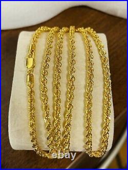 22K Yellow Saudi Gold 916 Mens Rope Chain Necklace With 24 Long 3.2mm 10.46g