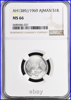 Ah1389 1969 Ajman Silver 1 Riyal Coin Ngc Ms 66