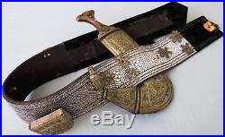 Arabic Yemeni Silver Jambiya Antique Dagger With Fine Hand Made Belt And Mounts