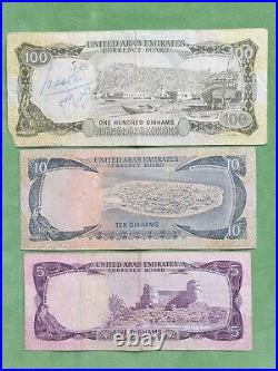 Banknotes from United Arab Emirates 5, 10 & 100 dirhams 1973