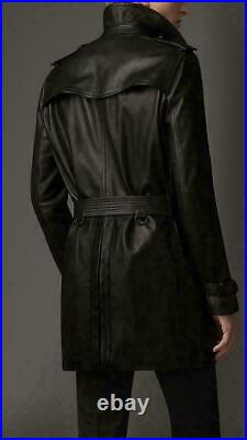 Brand New Men's Real Leather Trench Coat Long Vintage Jacket