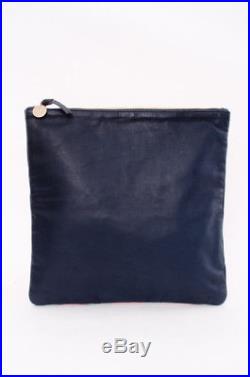 CLARE V VIVIER Navy Blue Red Stripe Print Leather Zip Foldover Bag Clutch Purse