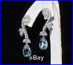 Certified Natural 10Cts VS F Diamond Aquamarine 18K 750 Solid Gold Drop Earrings