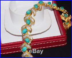 Certified Natural 29Cts VS Diamond Turquoise 18K 750 Solid Gold Bangle Bracelet