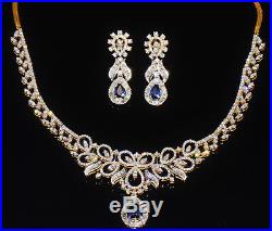 Certified Natural 9.5Cts Diamond Sapphire 18K Solid Gold Necklace Earrings Set