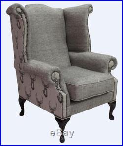 Chesterfield Queen Anne High Back Wing Chair Antler Stag Chocolate Brown Fabric