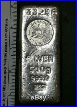 Emirates Gold 500 Grams Cast United Arab. 999 Silver Bar Ingot Loaf Stacker Rare