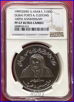 Emirates, Silver 100 Dirhams 1999 Ports & Customs Dep. Ngc Pr 67 Uc, Rare31