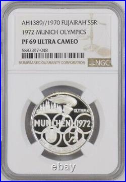 Fujairah, Silver 5 Riyals 1970 Munich Olympics Ngc Pf 69 Uc (u), Rare