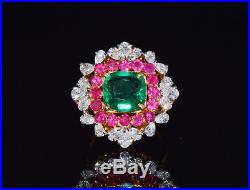 GIA Natural 7.4Cts Emerald Ruby VS F Diamond 18K Solid Gold Cocktail Dinner Ring