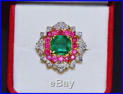 GIA Natural 7.4Cts Emerald Ruby VS F Diamond 18K Solid Gold Cocktail Dinner Ring