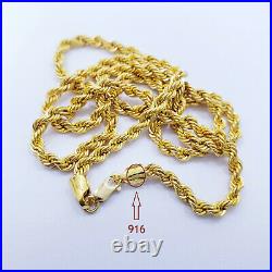 Genuine 22K Gold Rope Chain Necklace 20 Hallmark 916 Lobster Clasp Light 3.3mm