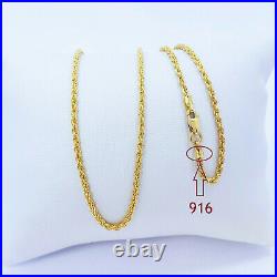 Genuine 22K Yellow Gold Rope Chain Necklace 20.25 Hollow 1.75mm Hallmarked 916