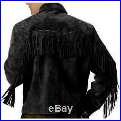 Men Black Suede Western Cowboy Leather Jacket With Fringe